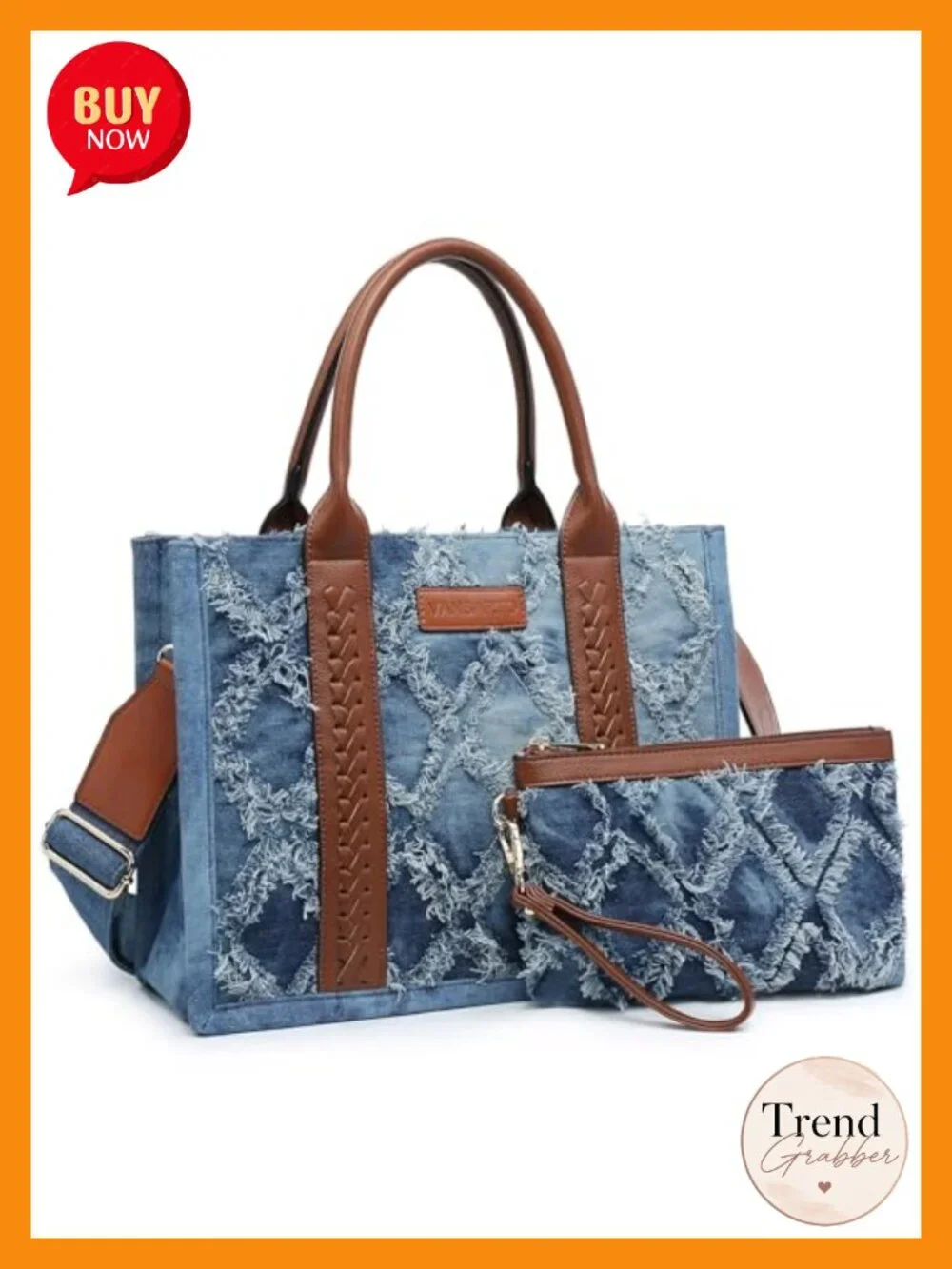 Vegan Leather Denim Tote Satchel Boho Shoulder Bag with Wristlet